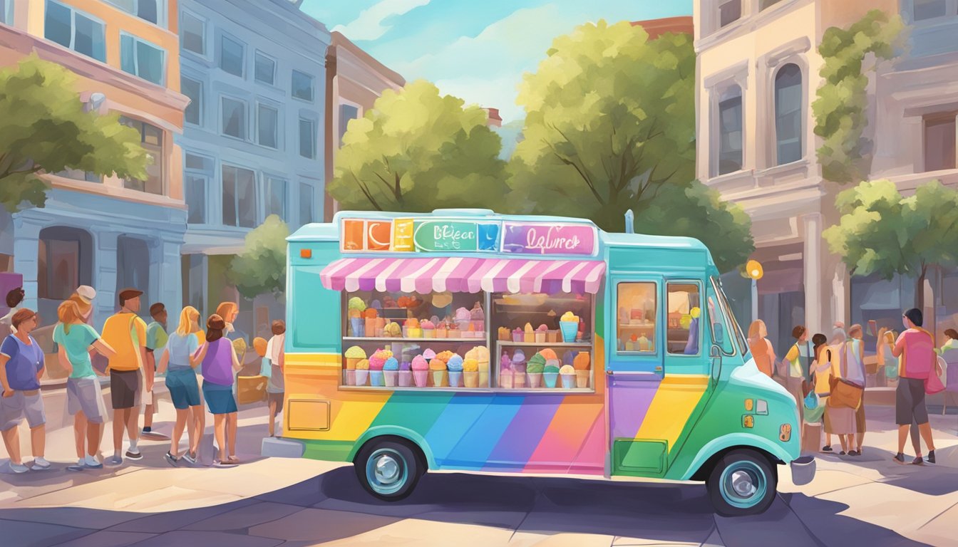 A colorful ice cream truck surrounded by people enjoying frozen treats