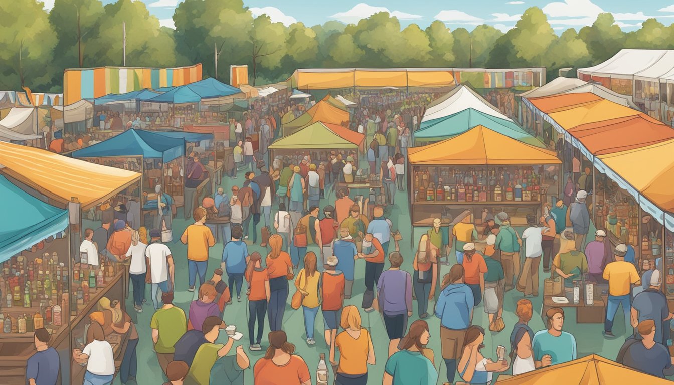 A bustling craft beer festival with rows of colorful booths, beer tastings, and happy patrons enjoying the local brews