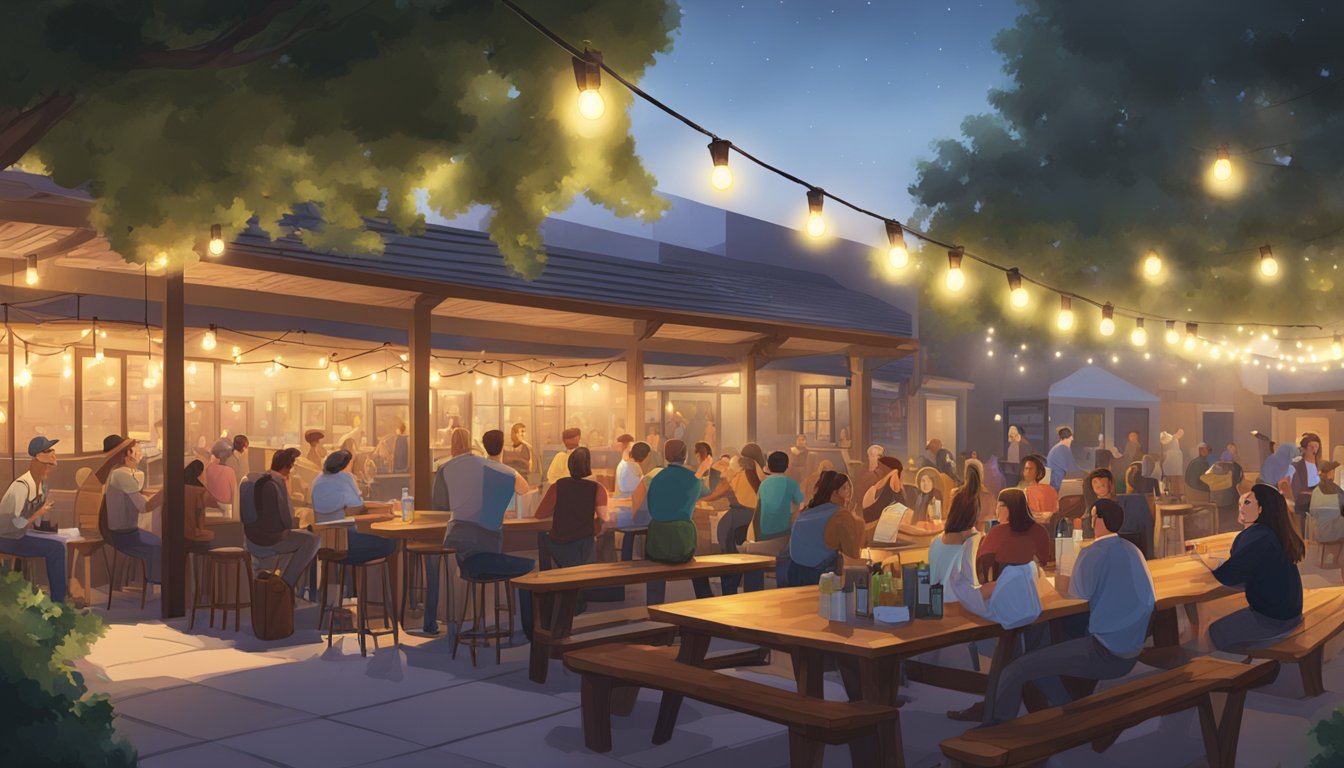 A lively outdoor patio at a West Covina brewery, with people enjoying craft beer and chatting at picnic tables under string lights