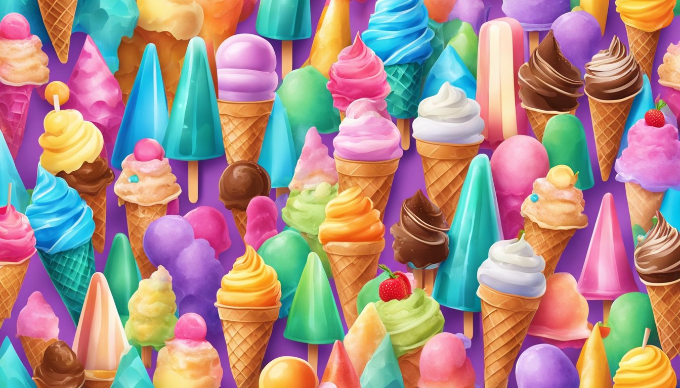 Colorful ice cream cones and popsicles displayed on a vibrant backdrop, surrounded by happy customers enjoying the sweet treats