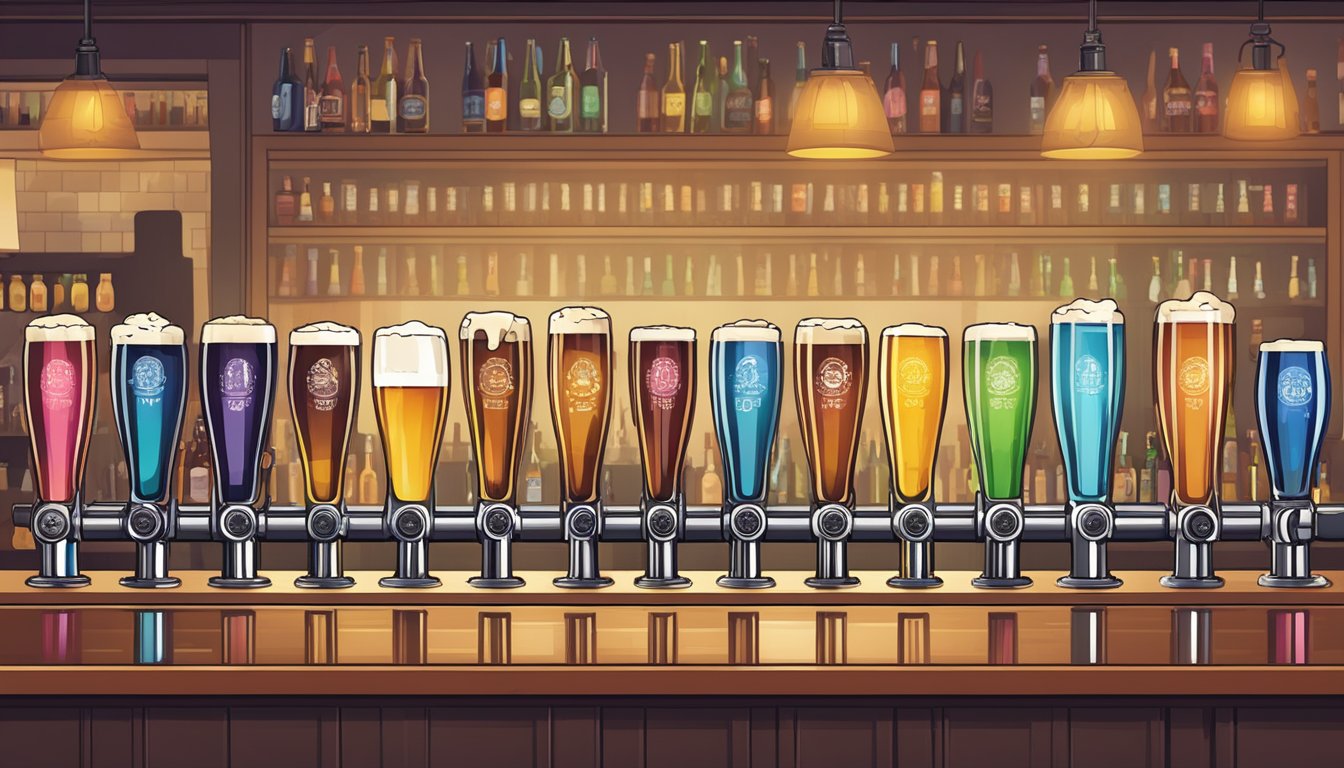 A row of colorful craft beer taps lines the bar, each labeled with the name and style of the beer on offer. Customers chat and laugh in the background