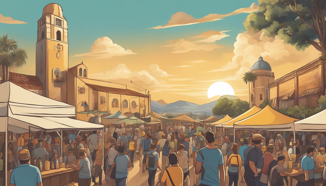 A bustling craft beer festival with various breweries showcasing their unique brews under a sunny Santa Maria sky