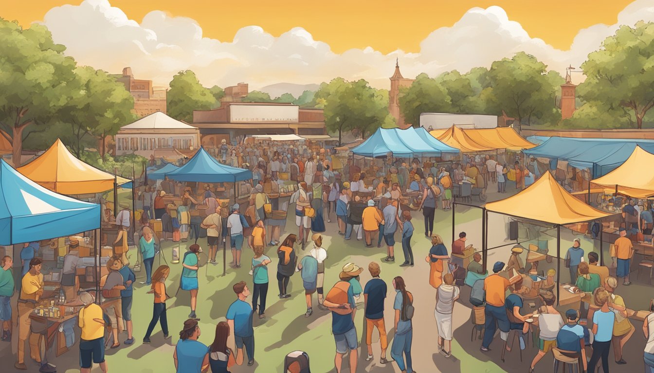 A bustling local craft beer festival with vendors, patrons, and live music in a vibrant outdoor setting