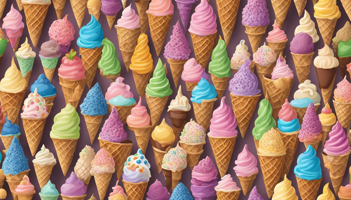 A colorful display of various ice cream flavors at Wegmans, with waffle cones and toppings