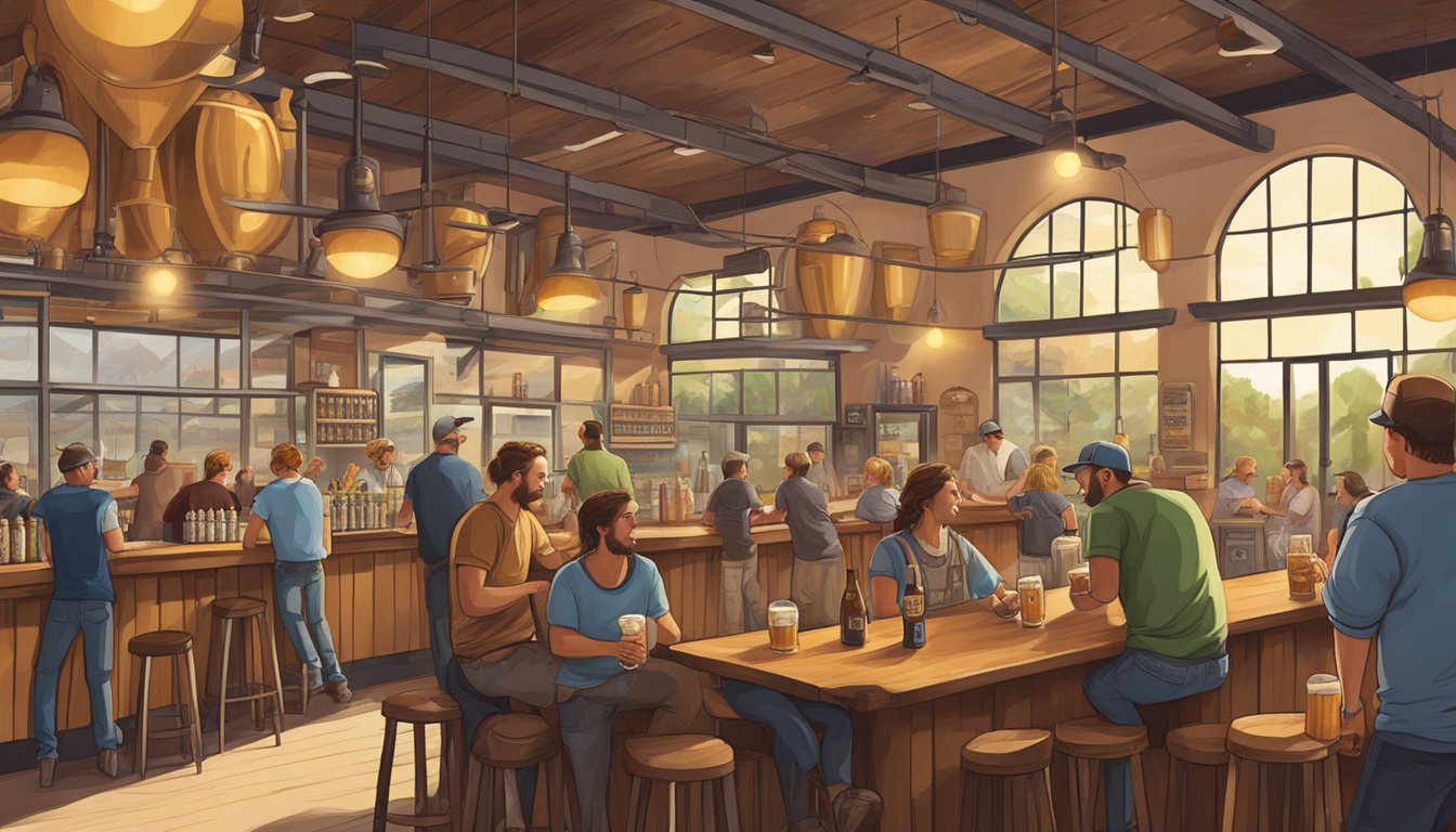 A bustling craft brewery scene in Simi Valley, with a variety of beer styles being brewed and enjoyed by locals in a vibrant and welcoming atmosphere