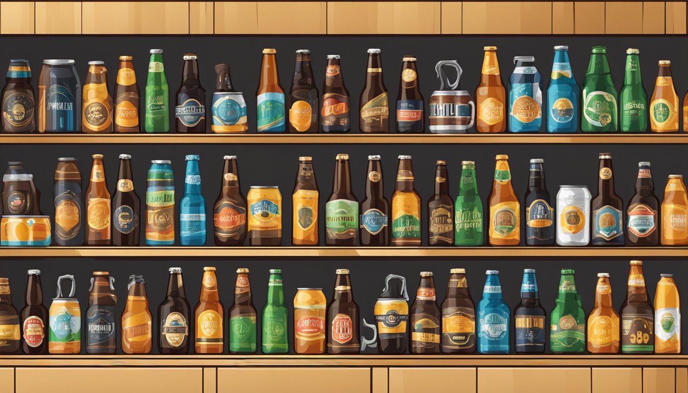 A variety of craft beer bottles and cans displayed on shelves with brewery logos and colorful labels