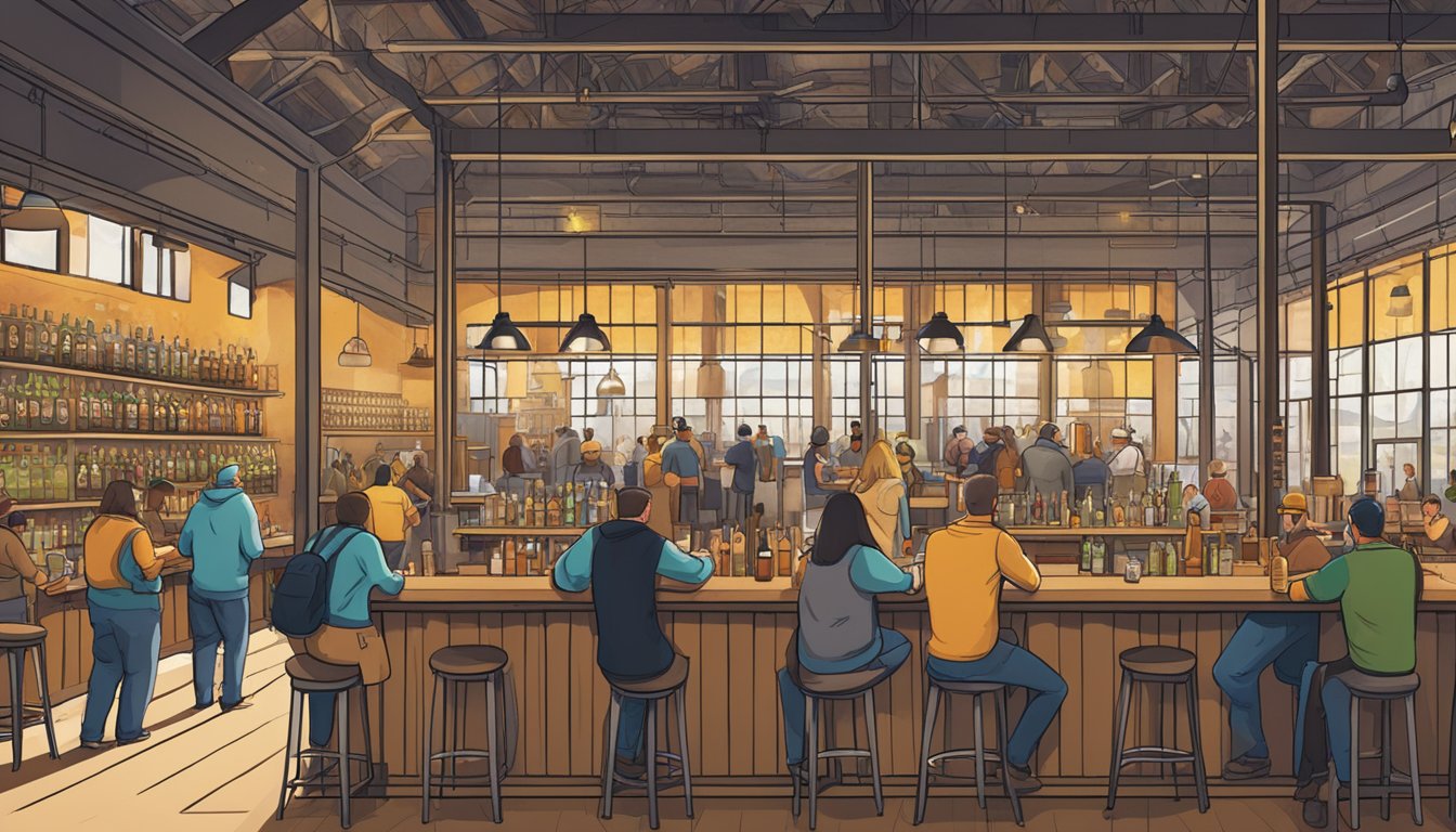 A bustling brewery with patrons sampling diverse craft beers in a lively, industrial-chic setting