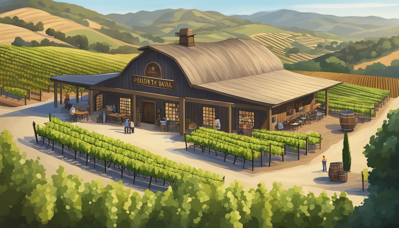 A rustic winery with rolling vineyards and a craft beverage tasting room nestled among the hills of Santa Maria, California