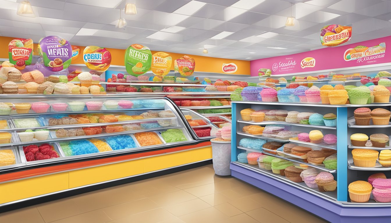 A colorful display of various flavors of ice cream and frozen desserts at Shoprite, with vibrant packaging and enticing decorations