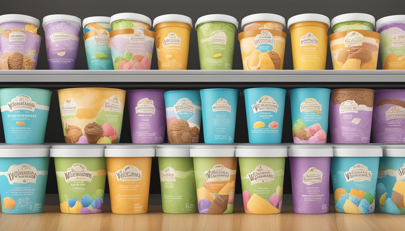 A colorful display of Wegmans ice cream containers with nutritional information labels