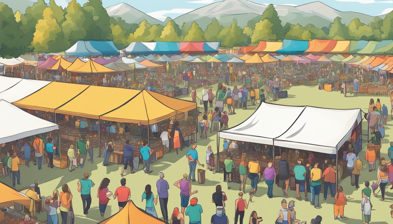 A bustling outdoor festival with colorful tents, live music, and rows of craft beer taps lined up for sampling