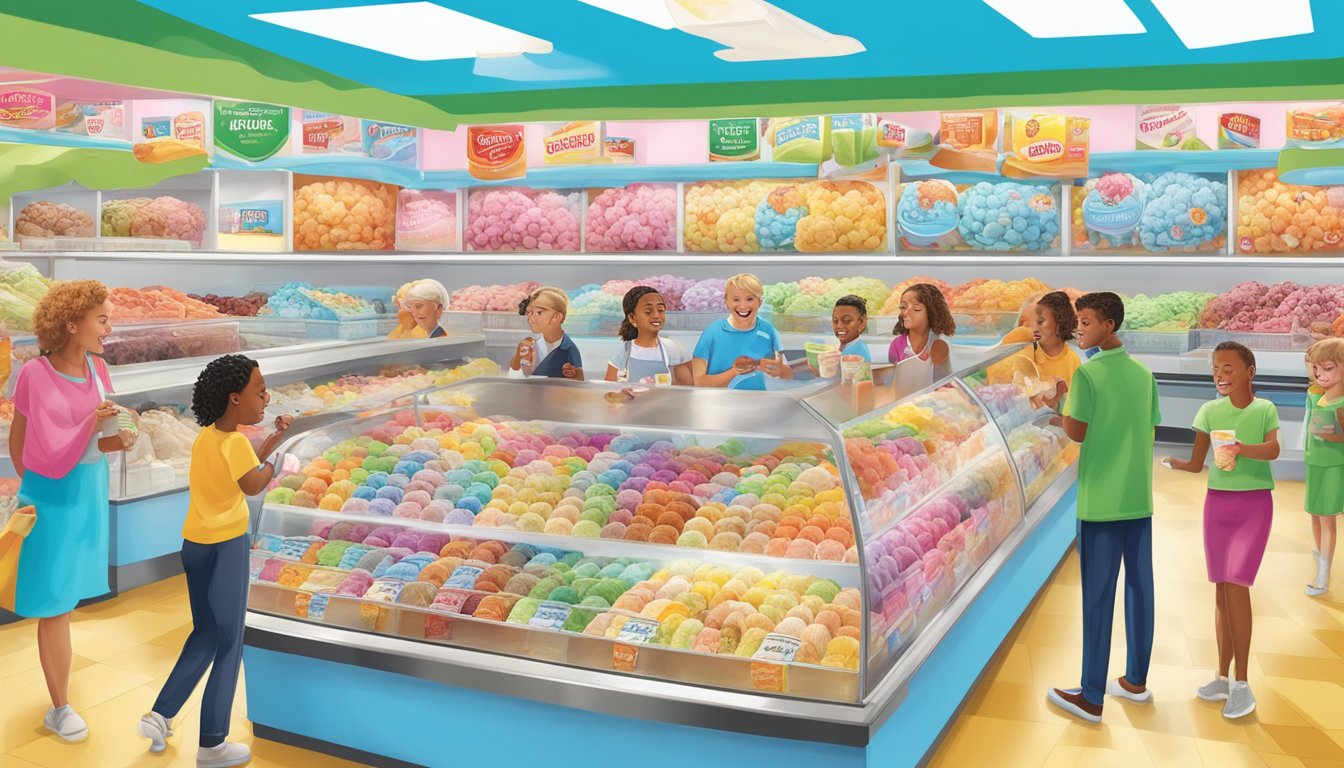 A colorful display of various flavors of Shoprite's ice cream, surrounded by happy customers enjoying their frozen treats