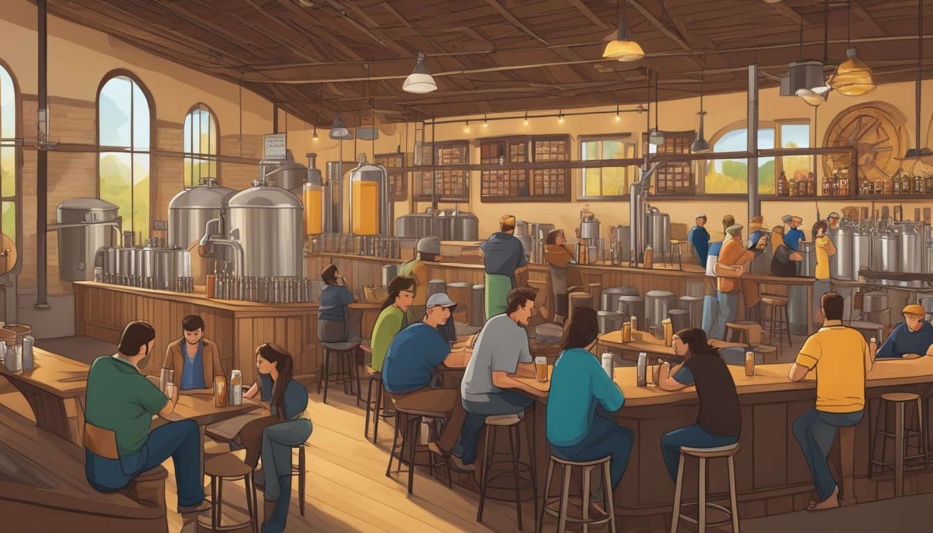 A bustling craft brewery scene in Santa Maria, CA, with patrons enjoying locally brewed beer in a vibrant, welcoming atmosphere