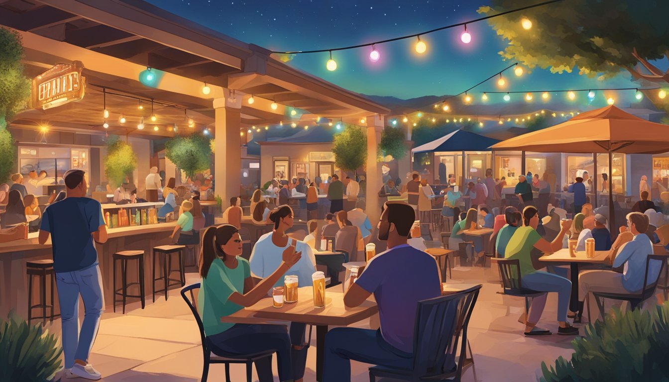 A bustling outdoor patio with live music, colorful lights, and people enjoying local craft beers in Simi Valley, CA