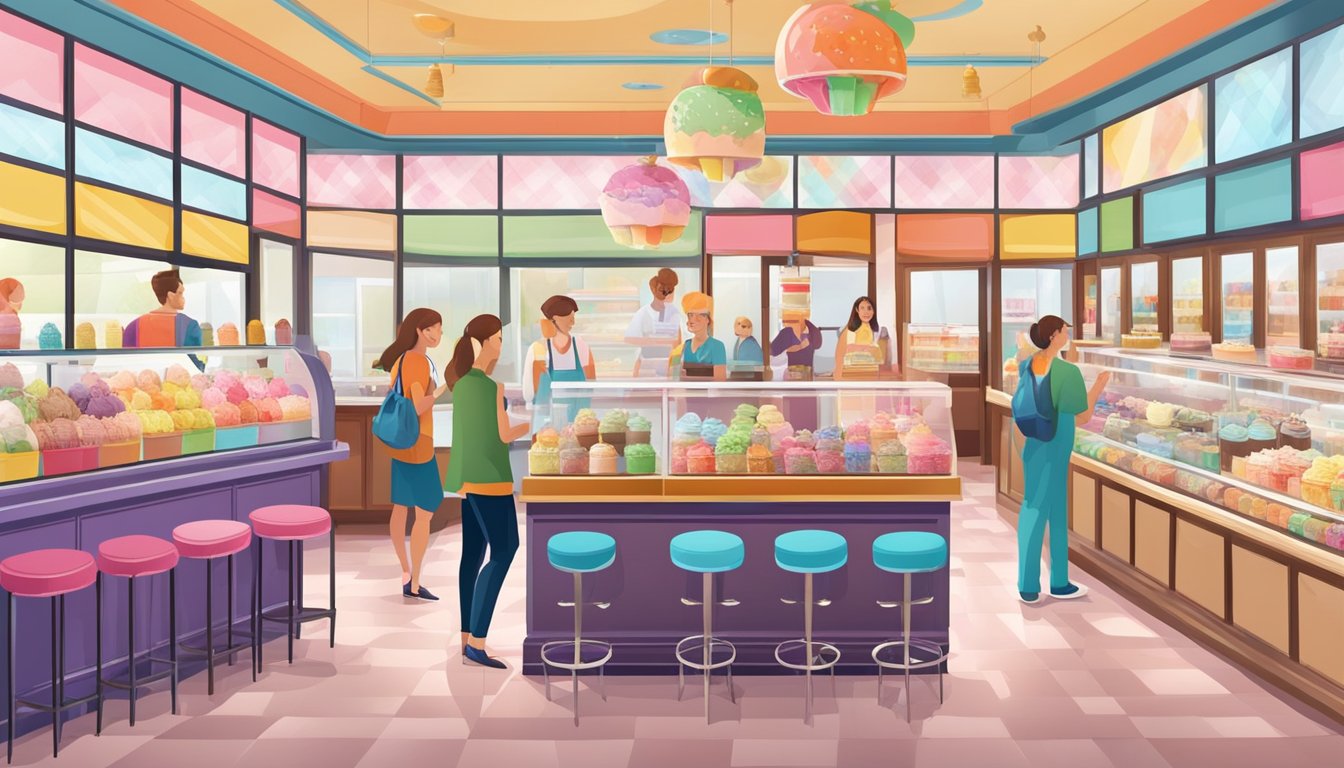 A colorful ice cream parlor with a variety of flavors displayed in glass cases, surrounded by happy customers enjoying their sweet treats