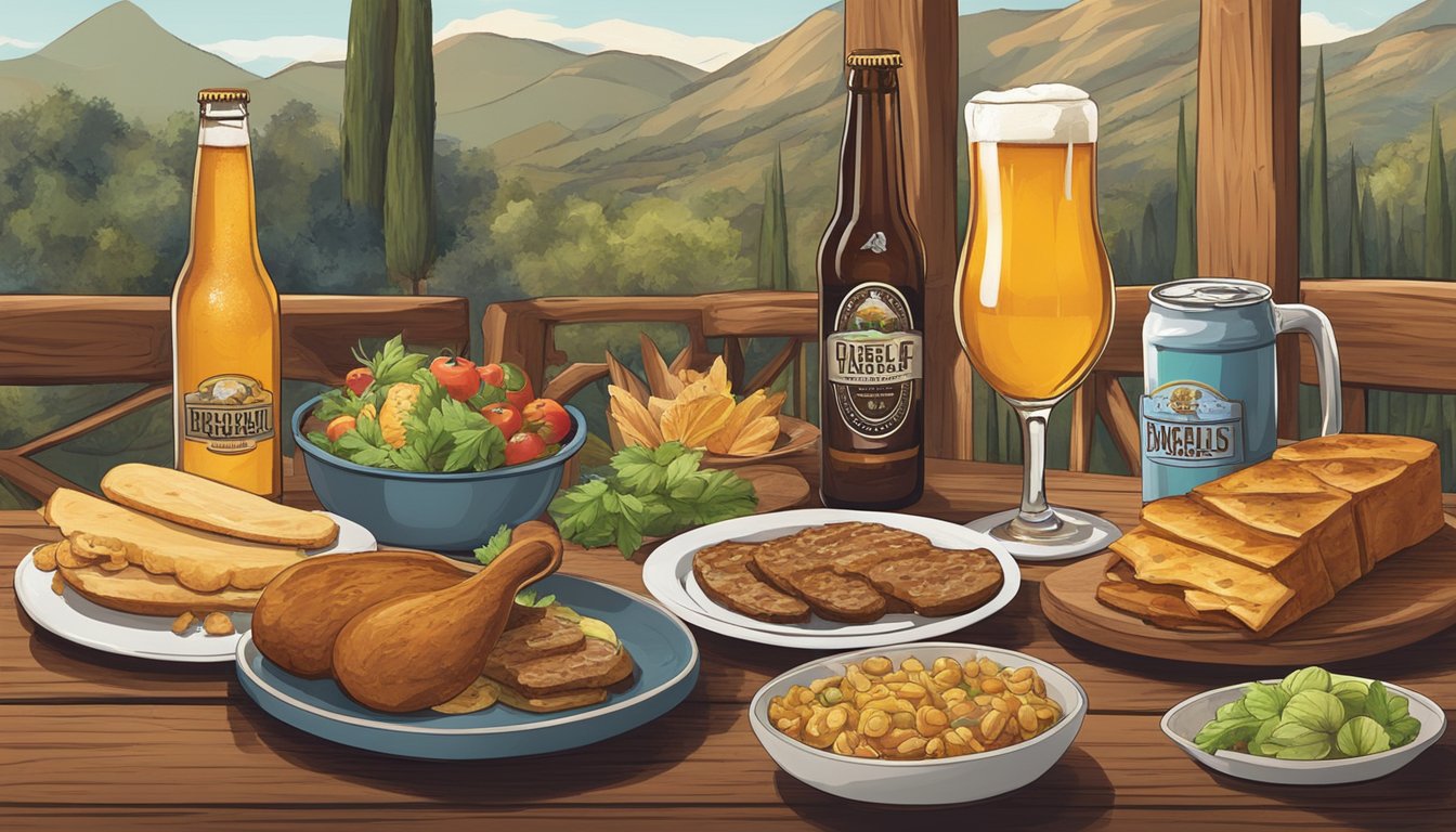 A rustic wooden table with an assortment of local craft beers and gourmet food pairings, surrounded by a cozy and inviting atmosphere in Simi Valley, CA