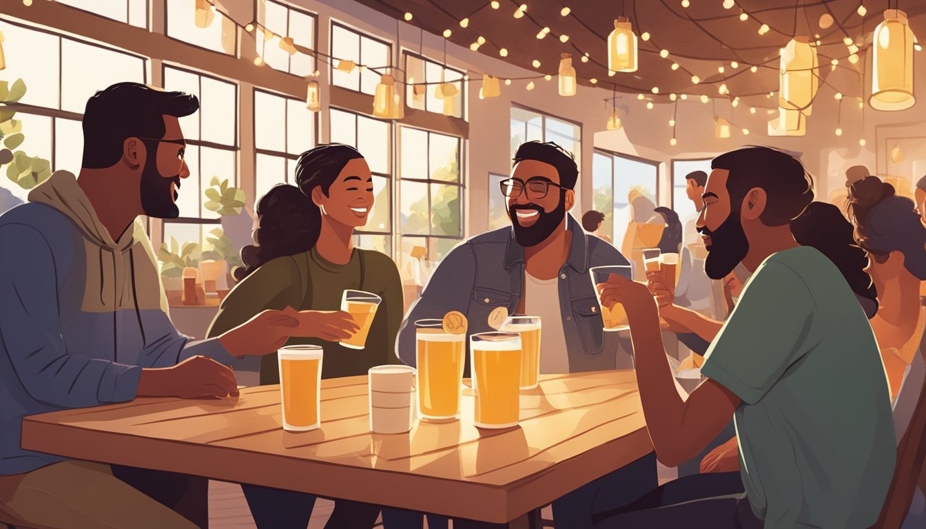 A group of people gather around a table at a local craft brewery, enjoying their drinks and engaging in lively conversation. The brewery is filled with the warm glow of hanging string lights and the sound of clinking glasses