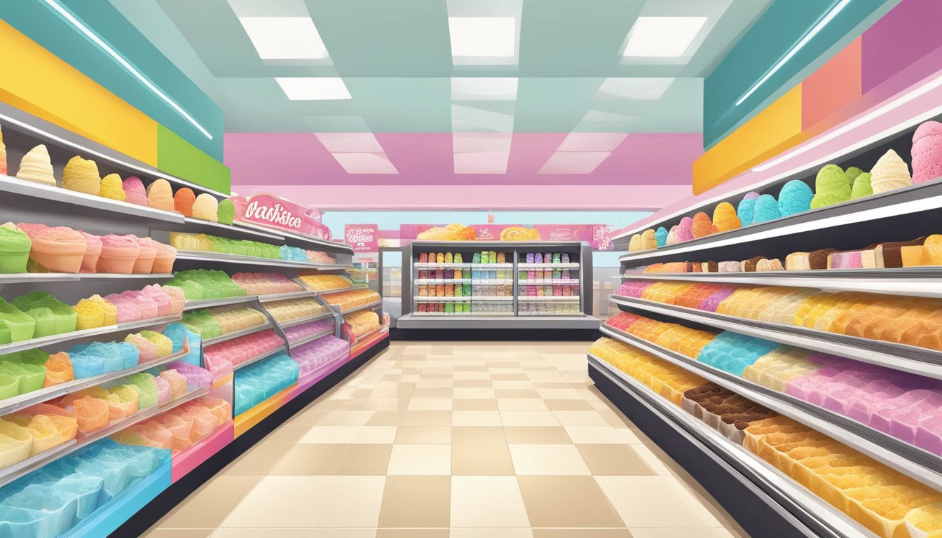 A colorful display of various flavors of ice cream in a well-lit, organized aisle at ShopRite, with a bright and inviting atmosphere