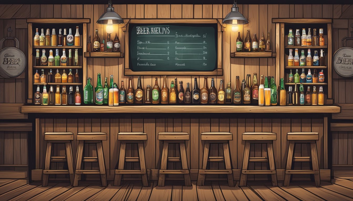 A rustic wooden bar with a row of craft beer taps, surrounded by shelves of beer bottles and a chalkboard menu