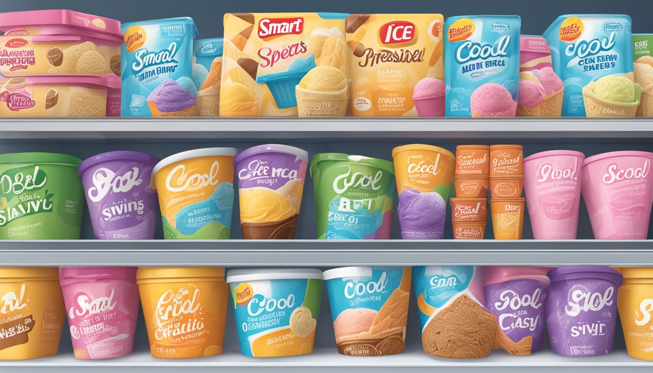 A colorful display of various premium ice cream tubs and bars in the freezer section of Smart and Final, with bright signage promoting cool savings