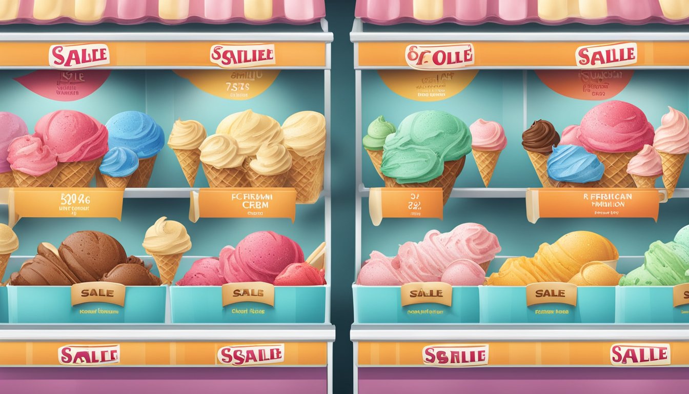 A colorful display of premium ice cream with sale signs at Smart and Final