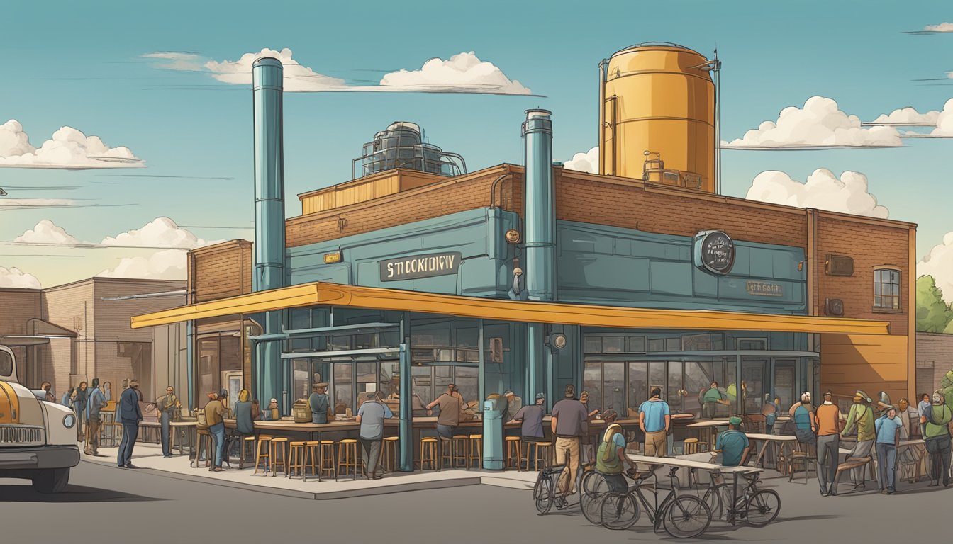 A bustling craft brewery scene in Stockton, CA, with colorful taprooms and outdoor seating, surrounded by industrial-chic decor and towering beer tanks