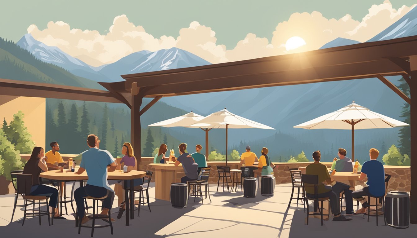 A sunny outdoor patio at a local brewery, with people enjoying craft beer and the mountainous Boulder landscape in the background