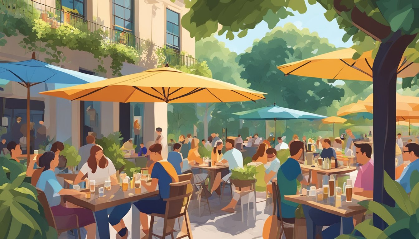 A sunny outdoor patio with colorful umbrellas, surrounded by lush greenery and filled with groups of people enjoying craft beer flights