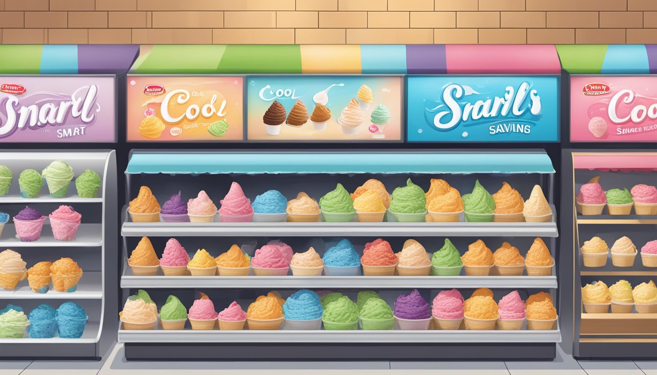 A colorful display of premium ice cream at Smart and Final, with prominent "cool savings" signage