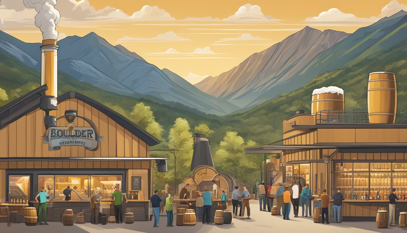 A bustling brewery scene with various beer styles and flavors on display, surrounded by the picturesque mountains of Boulder, CO