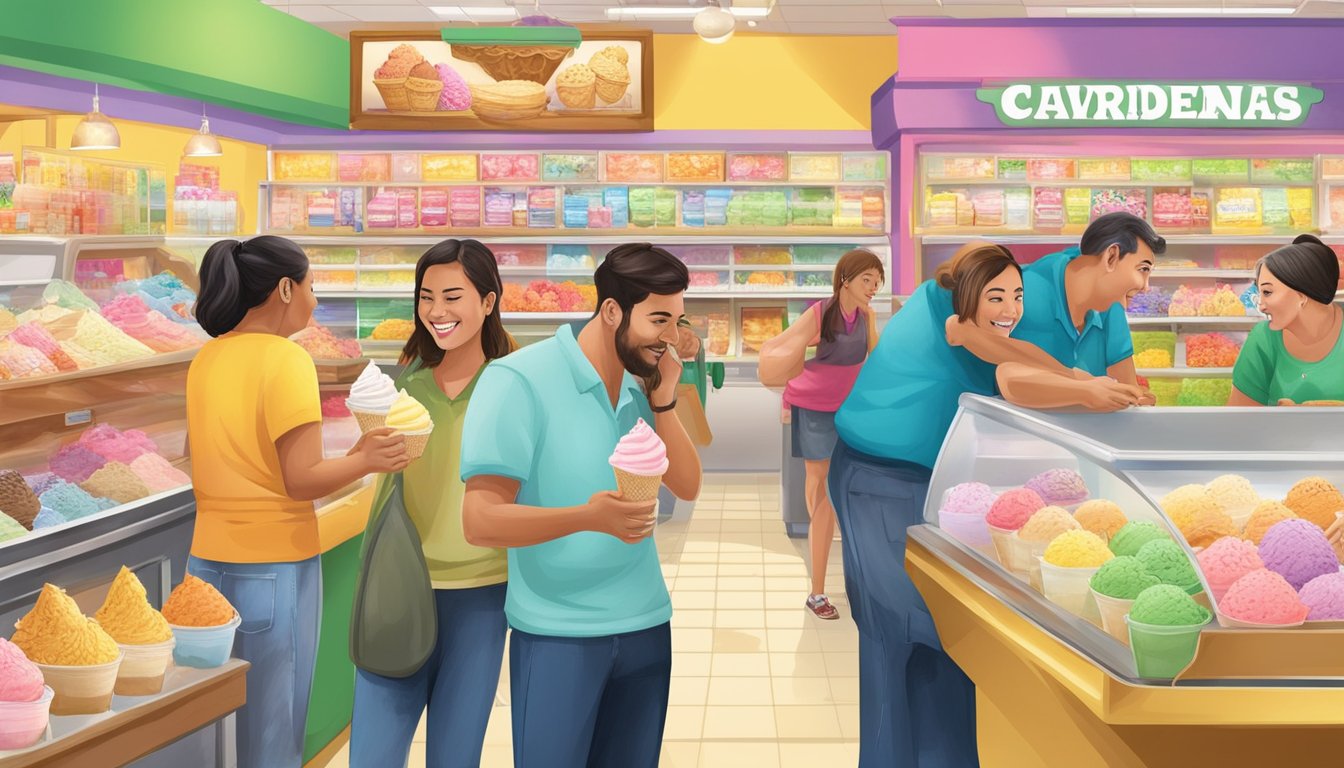 Customers savoring creamy ice cream in vibrant Cardenas Markets, surrounded by colorful displays and cheerful staff