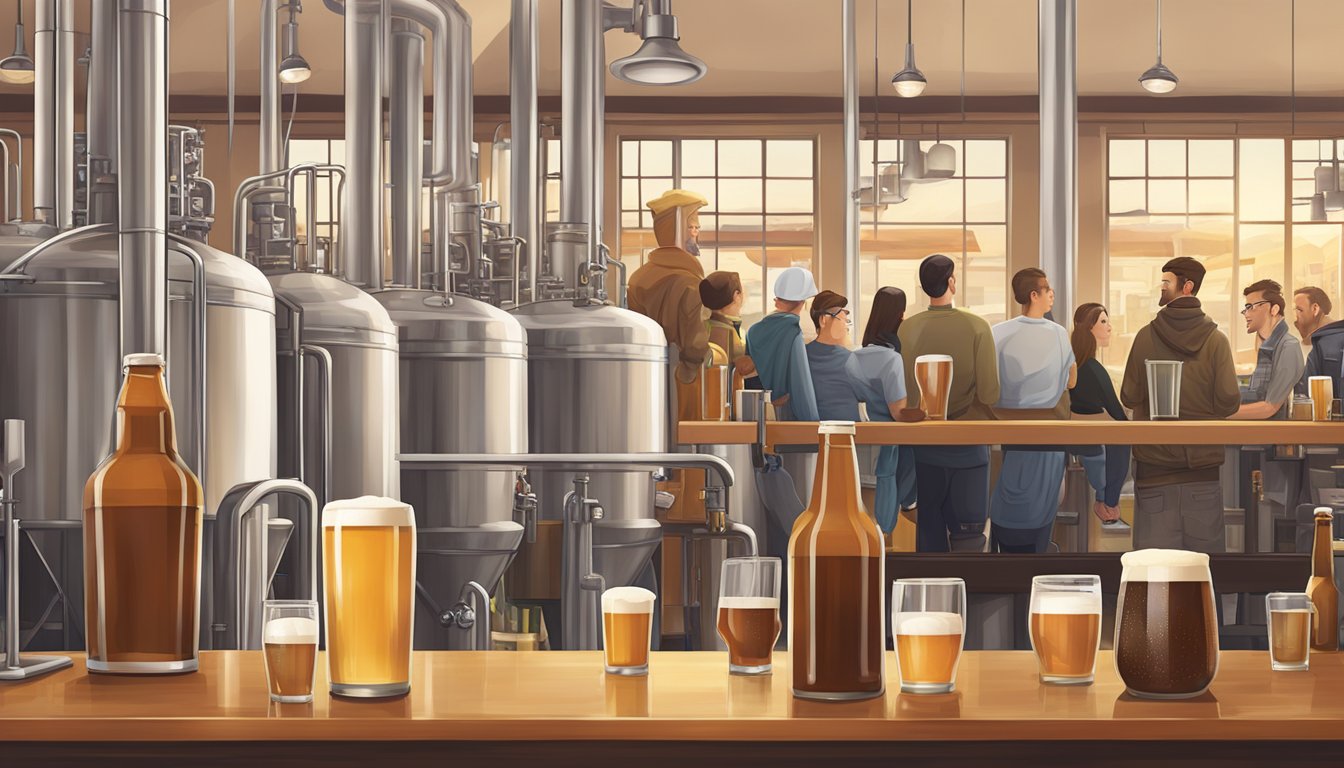 A bustling craft brewery scene with diverse beer styles, modern brewing equipment, and a lively tasting room atmosphere