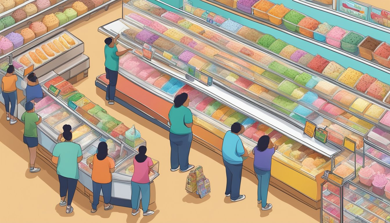 A colorful display of various ice cream flavors at Cardenas Markets, with customers browsing in-store and others ordering online