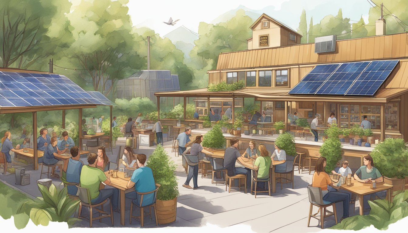 A bustling local craft brewery surrounded by lush greenery and solar panels, with community members enjoying outdoor seating and engaging in sustainable initiatives