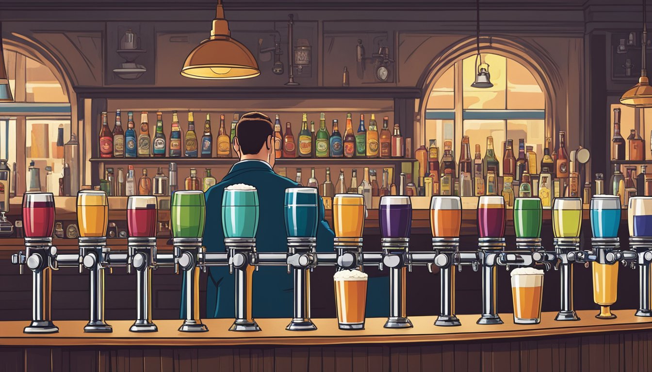 A row of colorful craft beer taps line the bar, with patrons chatting and sipping drinks in the background. The bartender carefully pours a pint from one of the taps