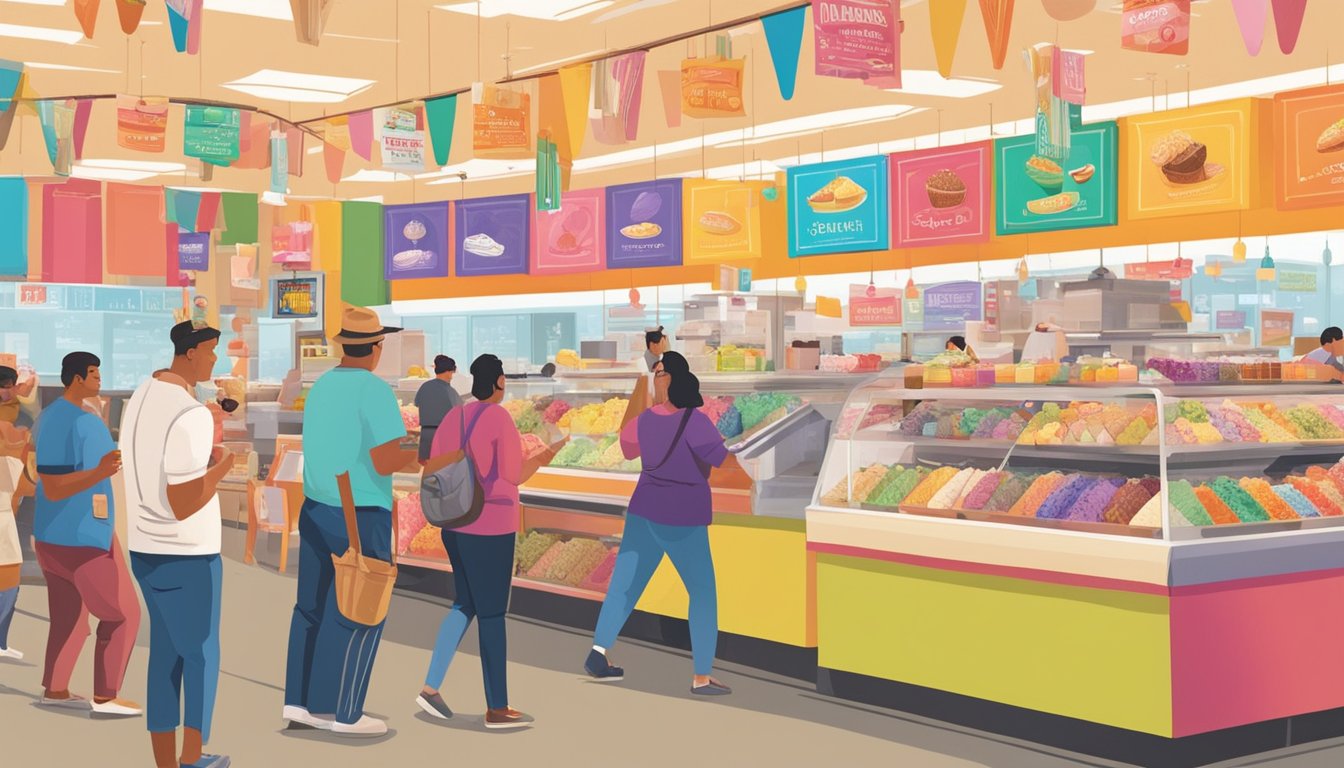 People enjoying ice cream at Cardenas Markets, surrounded by colorful signage and packaging