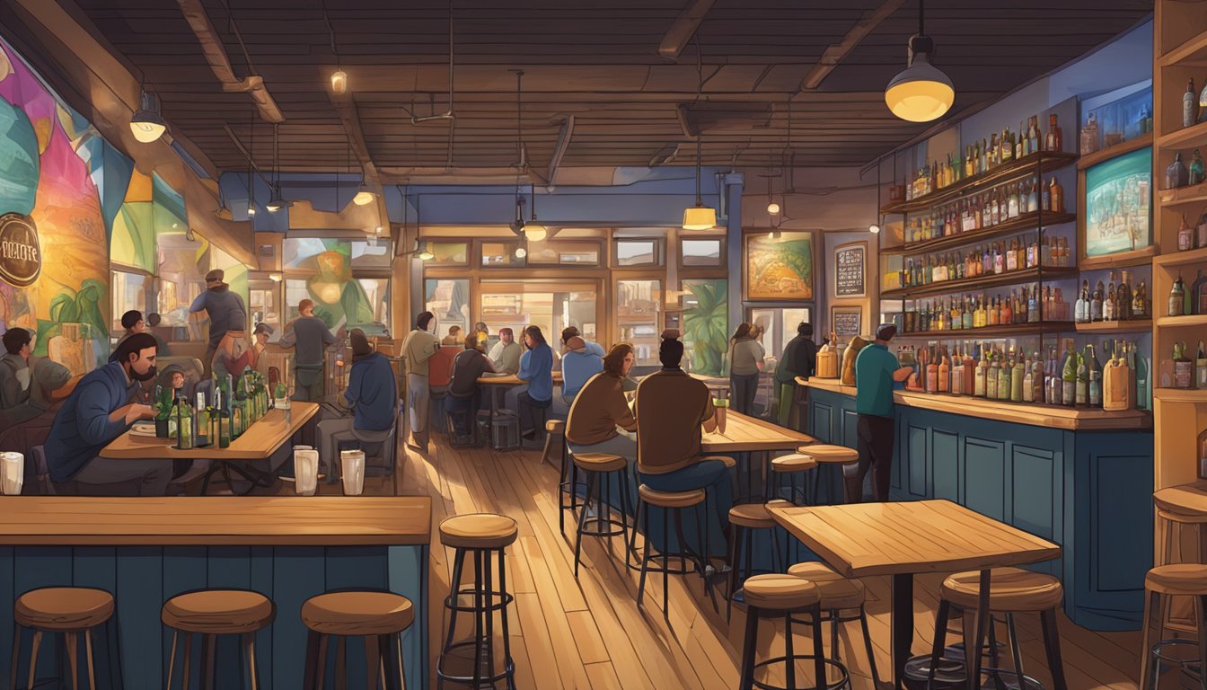 A bustling taproom with a diverse selection of craft beers on display, surrounded by vibrant murals and cozy seating areas