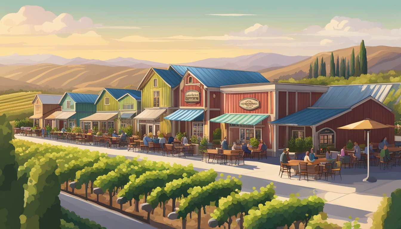 A row of colorful craft brewery buildings with outdoor seating, surrounded by rolling hills and vineyards in Temecula, CA