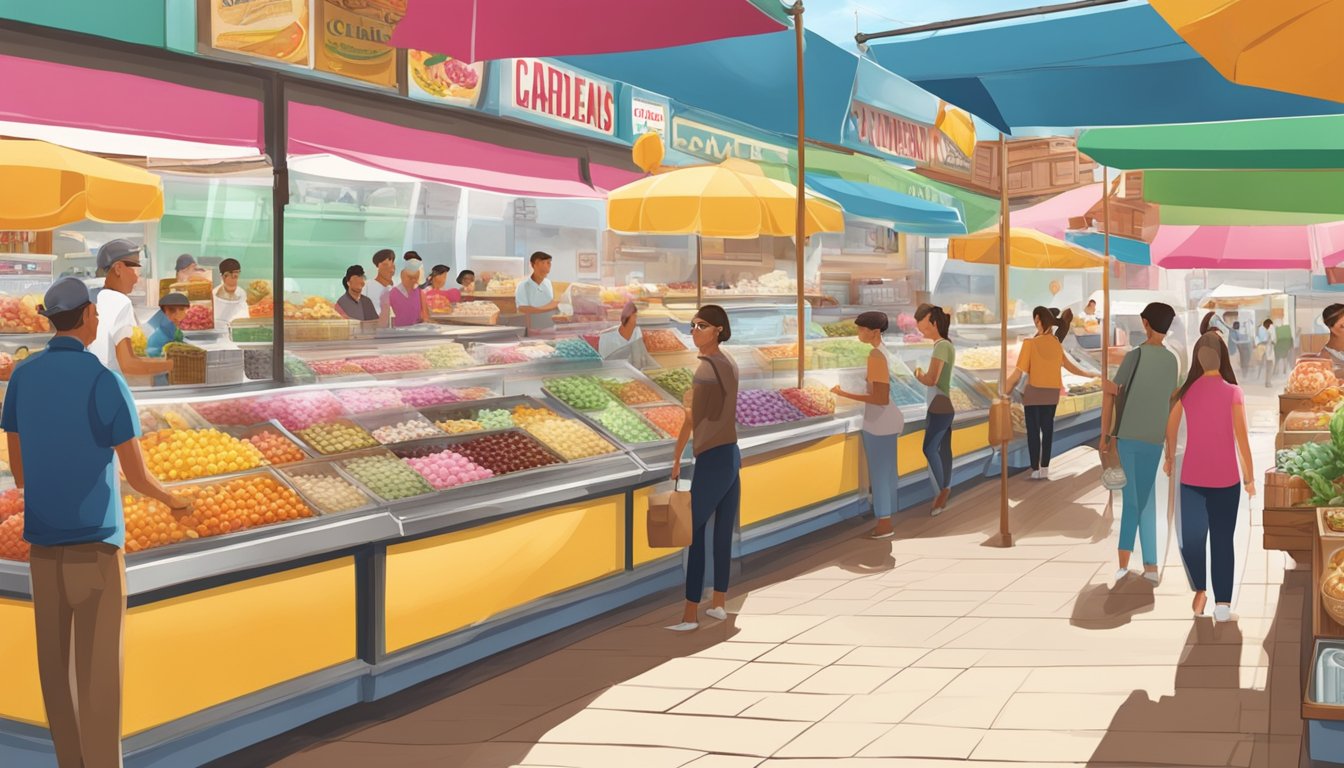 A bustling Cardenas market with colorful Meta Products and Advertising enjoying ice cream