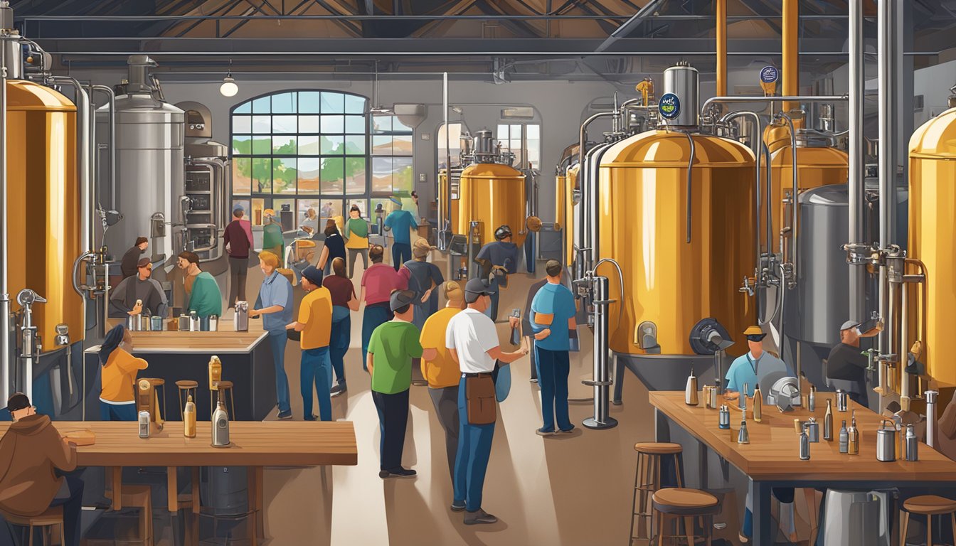 A bustling brewery scene in Boulder, CO with beer taps, brewing equipment, and patrons enjoying craft beer