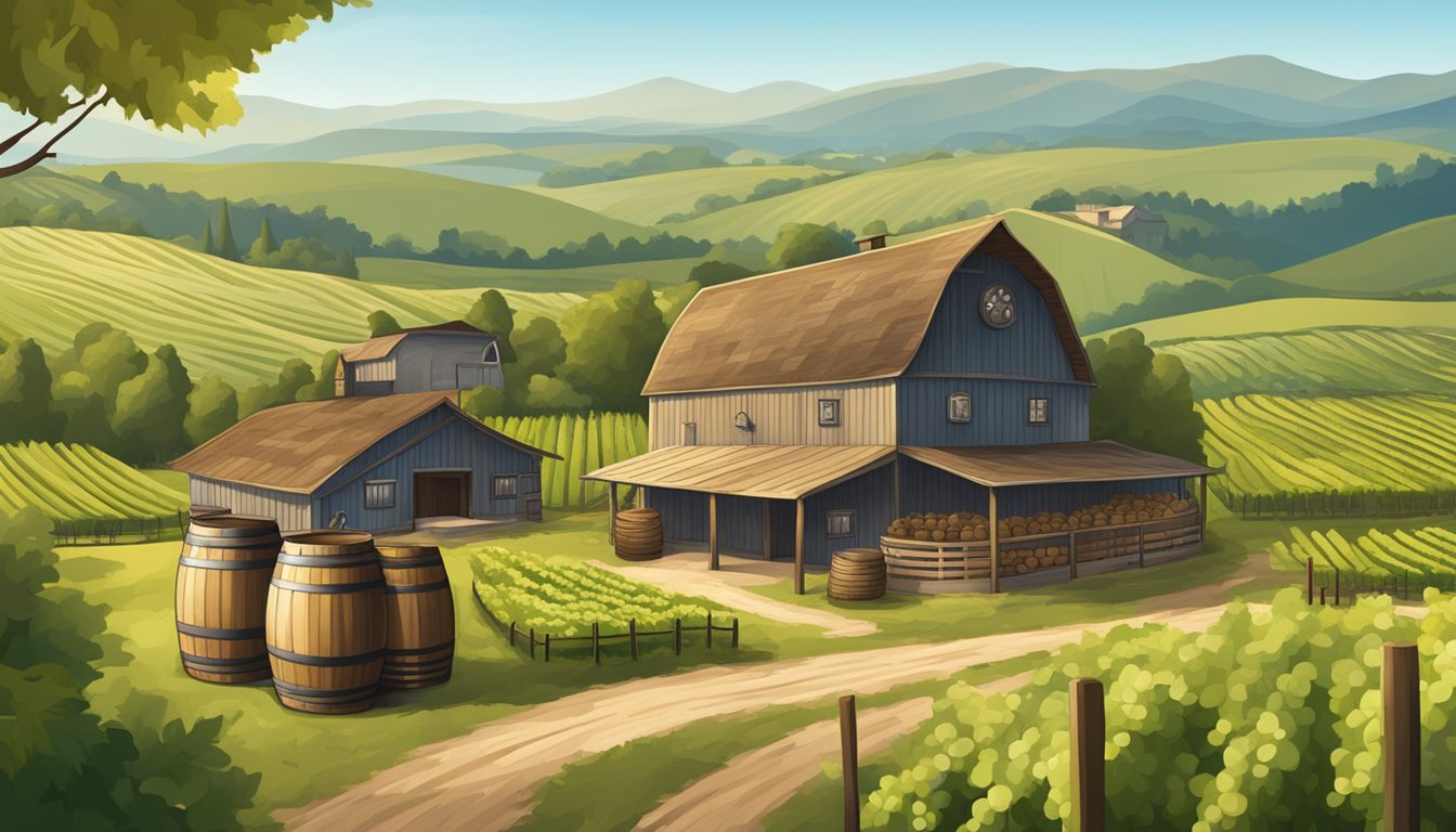 A rustic brewery nestled among rolling hills, with a wooden sign and barrels outside, surrounded by lush vineyards and a clear blue sky