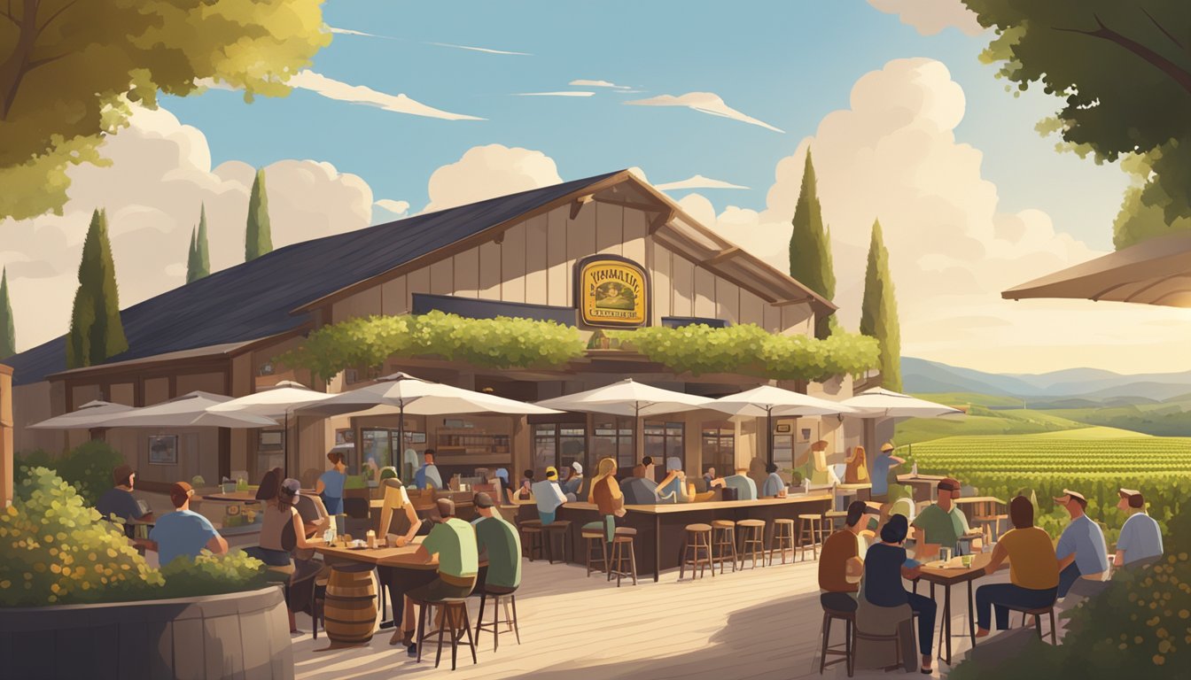 A bustling craft brewery with outdoor seating, surrounded by rolling hills and vineyards under a sunny sky