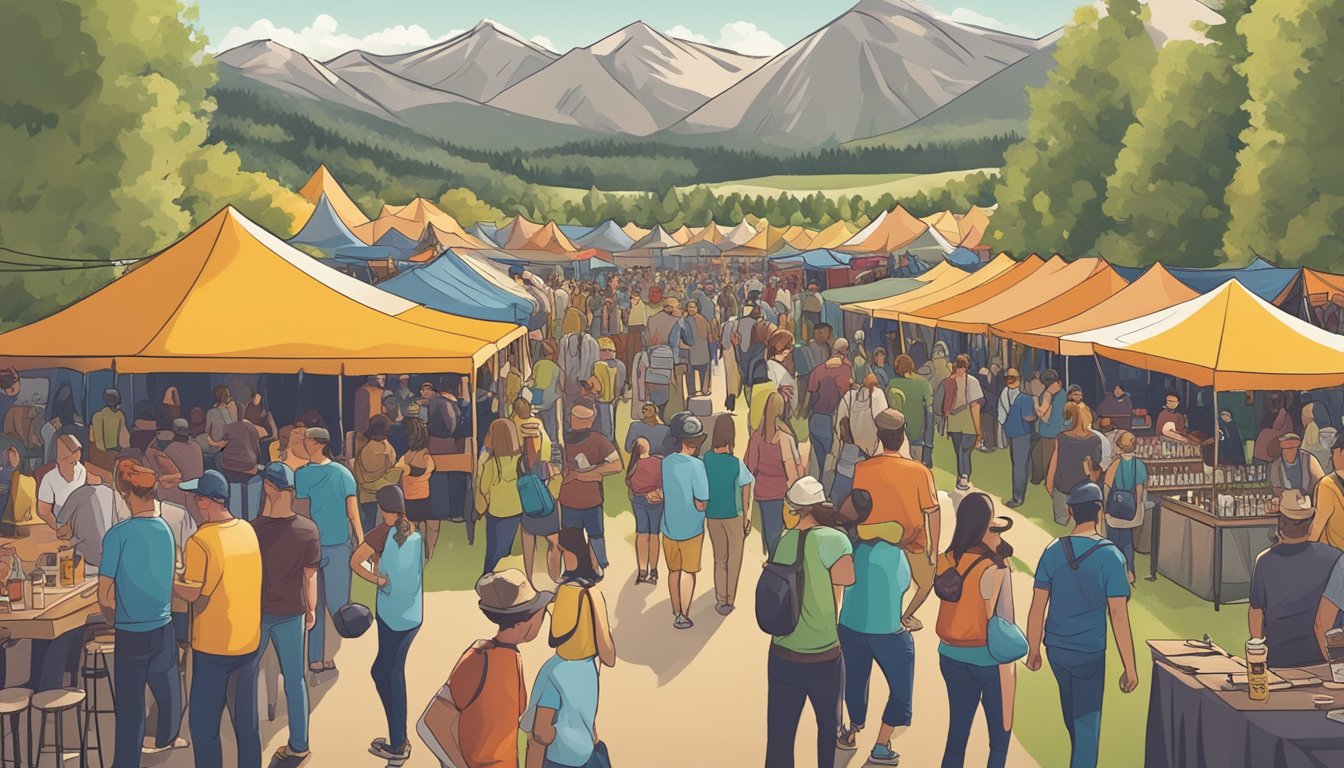 A bustling craft beer festival in Boulder, Colorado, with colorful tents, live music, and people sampling various local brews