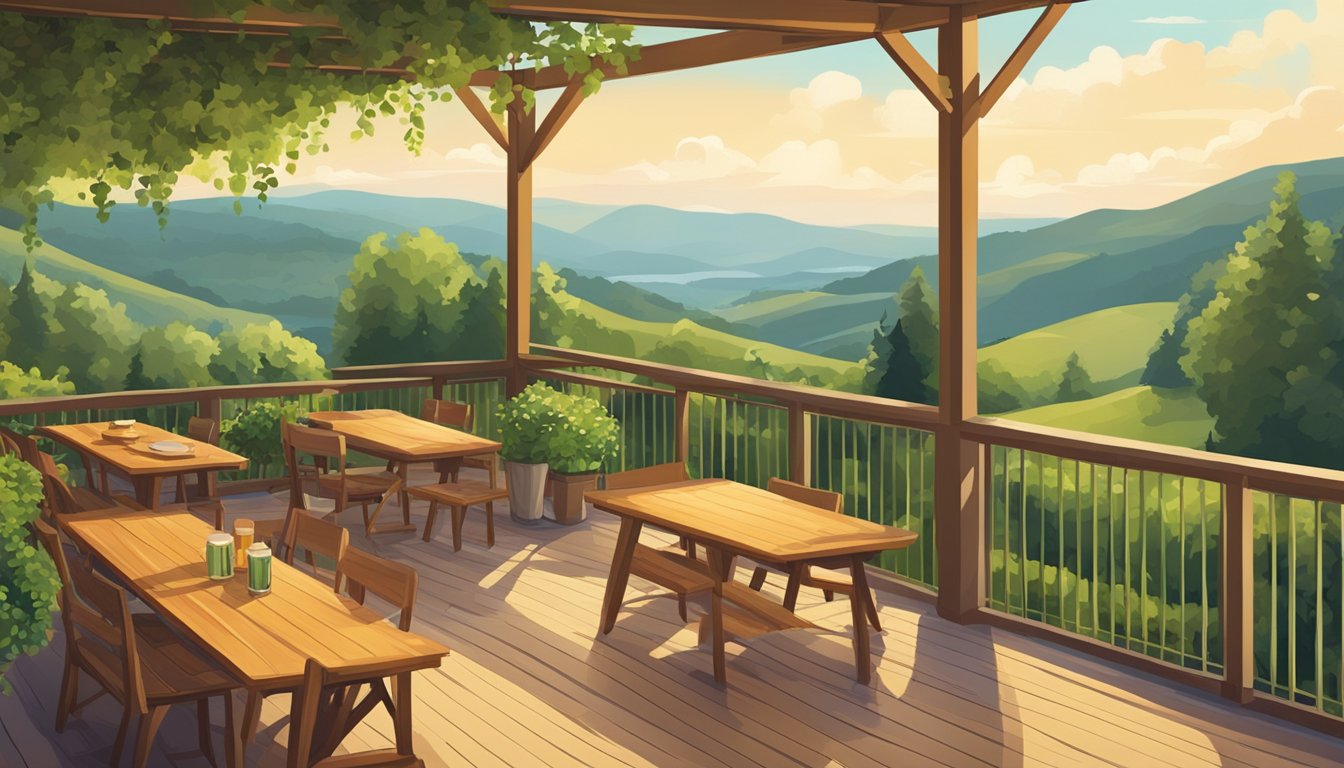 A sunny outdoor patio with a view of rolling hills, featuring a flight of craft beers on a wooden table surrounded by lush greenery