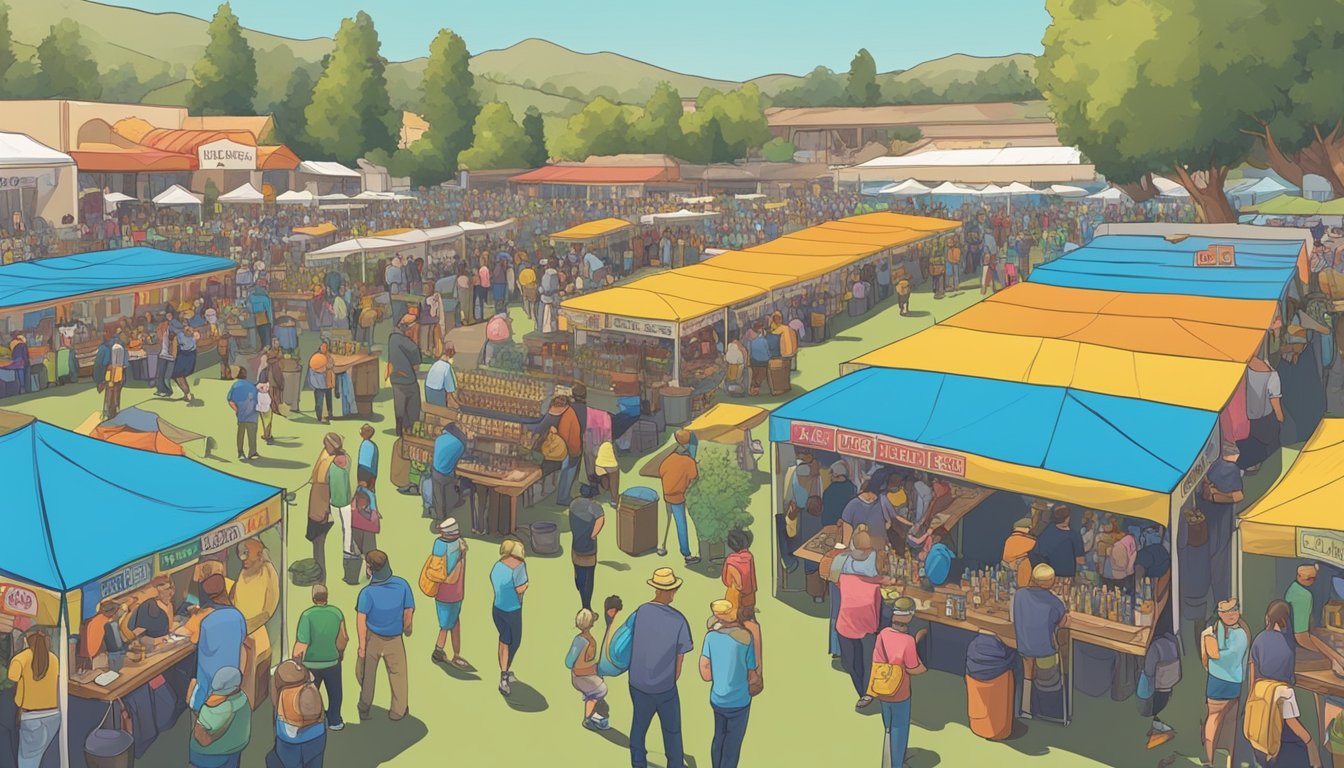 A bustling craft beer festival in Thousand Oaks, with rows of colorful booths and eager patrons sampling various brews