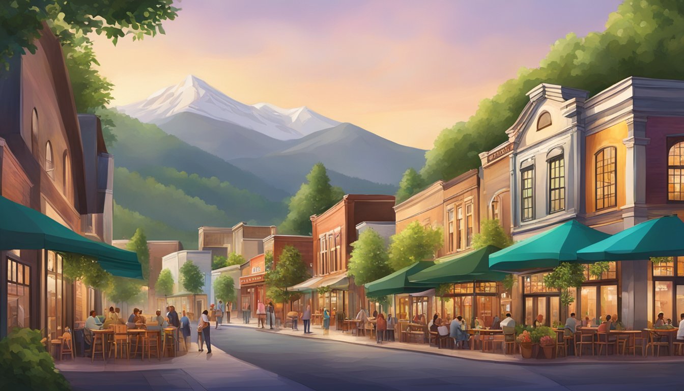 A bustling brewery district with colorful storefronts and outdoor seating, surrounded by lush greenery and a mountain backdrop