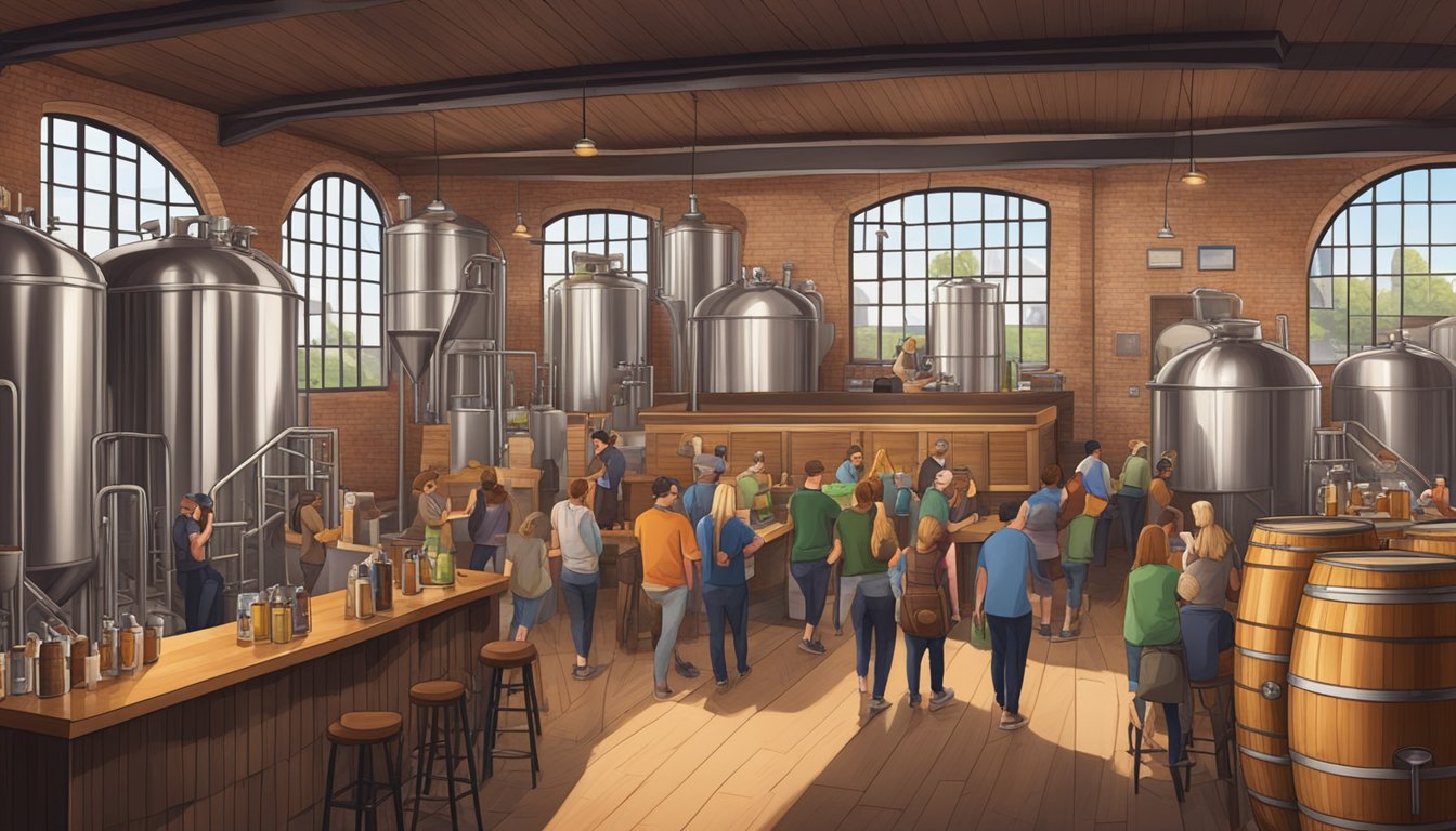 A bustling brewery with stainless steel tanks, wooden barrels, and a taproom filled with patrons enjoying locally crafted beers