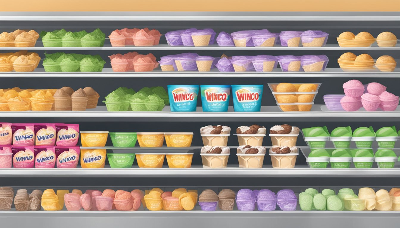 A colorful display of WinCo Foods ice cream flavors in a grocery store freezer