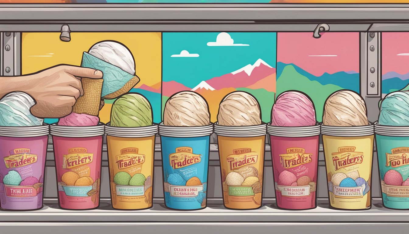 A hand reaching into a freezer, pulling out a variety of Trader Joe's ice cream pints. The packaging is colorful and enticing, with different textures and flavors on display