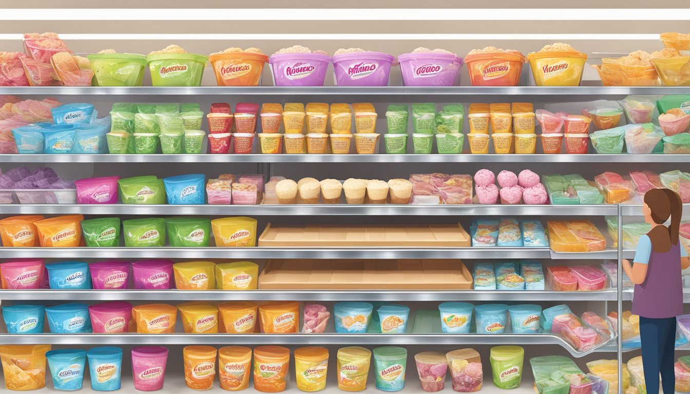 A colorful display of WinCo Foods ice cream flavors arranged in a freezer, surrounded by happy customers